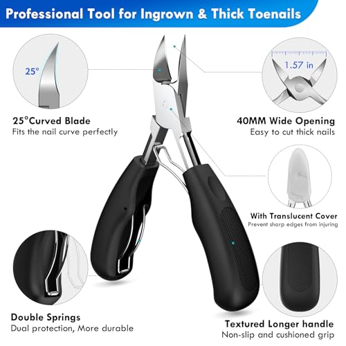 Ingrown Toenail Tools Kit, Wide Jaw Straight Clippers for Thick Nails Black Precision Trim Kit