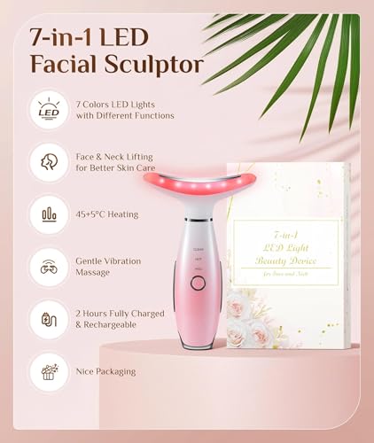 Dopsikn 7 Color Galvanic Machines - Red Light Therapy for Face and Neck, Face Massager Tool for Wrinkles, Double Chin, Vibrating Facial Massager with Thermals, Pink