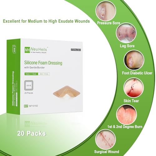 NeuHeils Bordered Silicone Foam Dressing 4x4 Inch, 20 Pack for Bed Sores 4''x4'' (Pack of 20)