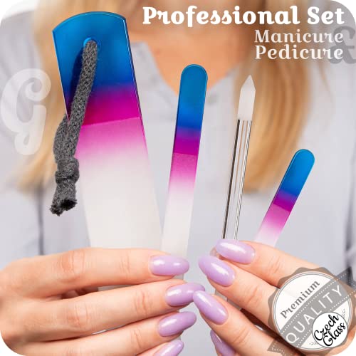 GLADZY Genuine Czech Glass Nail File Set - Callus Remover Foot Rasp, Cuticle Pusher Manicure Stick, Double Sided Etched Different Grit Surface, Professional Nail Care Tool, Made in EU All-in-one Set - Aqua Magenta