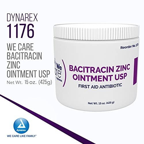 Dynarex Bacitracin Zinc Ointment USP - Wound Healing Treatment for Minor Cuts, Itchy Diaper Rashes and First Degree Burns - 1 Jar - 15 oz. / 425 Grams (Packaging May Vary) 15 Ounce (Pack of 1)