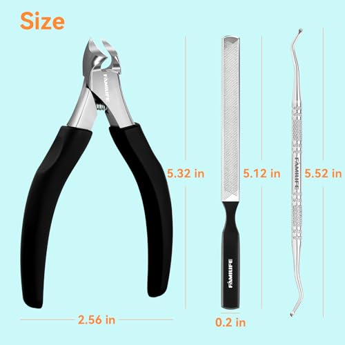 Pedicure Tool Kit and Ingrown Toenail Removal Kit, 3-Piece Set with Nail Nipper, Metal Nail File, and Fingernail Lifter for Thick, Ingrown Fingernail Removal Black 3 Pcs