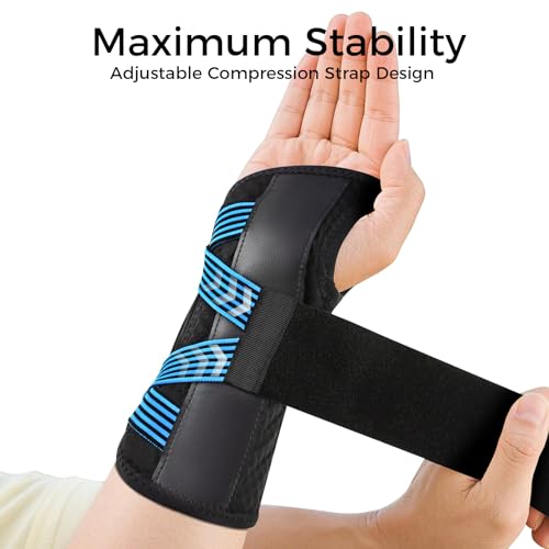 Carpal Tunnel Wrist Support Brace Night & Day-Right Hand for Work, Pain Relief, Wrist Splint for Tendonitis, Sprain, Strain, Rigid Hand Brace for Arthritis for Women & Men (Blue, S/M, Right Hand) Blue-Right