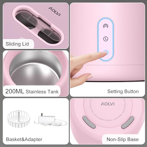 Ultrasonic Retainer Cleaner Machine, IPX6 Waterproof Denture Cleaner, 3 Modes Dental Cleaning Pod with RGB Indicator, 45kHz UV for Mouth Guards, 200ML Tank, Light Pink