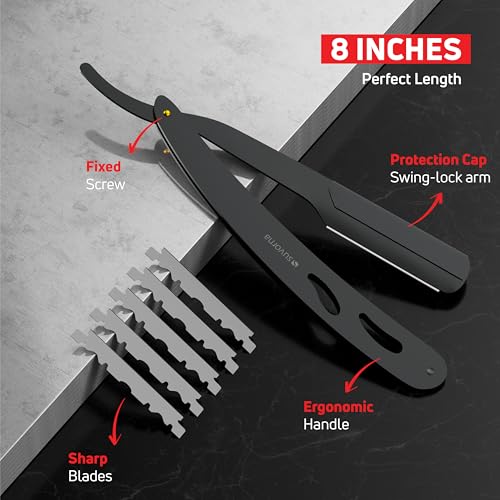 Suvorna Premium Beard & Mustache Set with Beard scissors for men, Straight Razor with blades- Facial Hair/Nose/Eyebrow Scissors - Slant Tweezers (6 Pcs Black) 4.5" Beard & Mustache Scissors