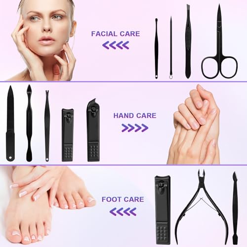 ANRUI Manicure Kit Nail Clippers Set Pedicure Kit, 12 Pieces Professional Grooming Kit, Stainless Steel Nail Care Kit for Women and Men with Luxurious Travel Case -Black
