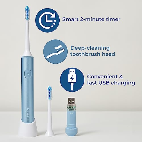 Reach Sonic USB Electric Toothbrush, Soft, Includes Toothbrush Handle, Brush Head, Toothbrush Cap, Travel Case and Toothbrush Stand (Pack of 2)