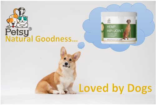 Petsy Hip and Joint Supplements for Dogs CALMING Hemp ACTIVE, Glucosamine, Chondroitin, MSM. Multivitamins |100 SOFT Chews| Daily NATURAL Aid CALMING Hemp oil suitable for All Dogs + Age Related Pain One Tub