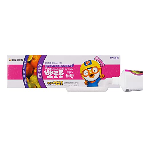 Pororo Kids Whitening Sensitive Toothpaste - Cavity Protection Low Fluoride Oral Care with 4 Fruit Flavors, Improving Gum Health, Removing Plaque to Strengthen Enamel 90g/3.17 Oz(Melon - 4 Packs) Mixed Fruits