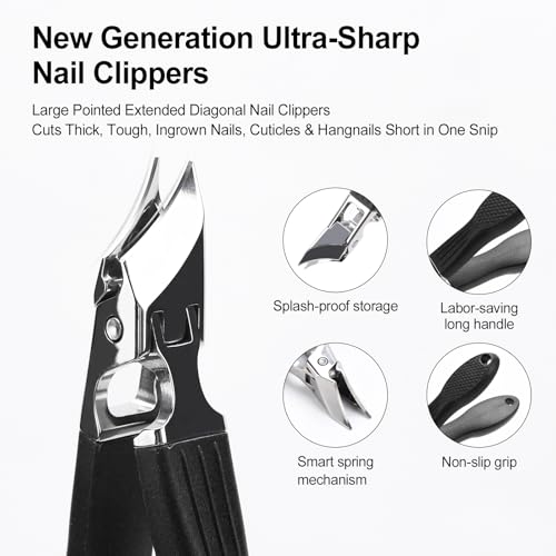 Eagle Beak Nail Clippers for Ingrown & Thick Nails – Beveled/Slanted/Angled Blades, Long Handle Wide Jaw, Anti-Splash Ultra Sharp Stainless Steel Edge 3-Piece Set for Men/Women (Black) Black