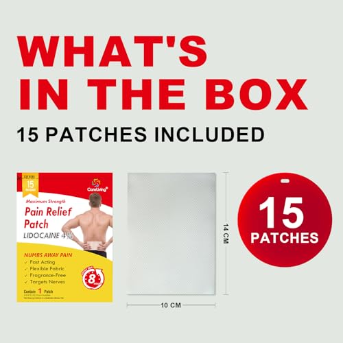 CARELIVING 4% Lidocaine Pain Relief Patch, 15 Count, 3.9” x 5.5”, Maximum Strength Gel Patches for Back Knee Neck Joint Ache Muscle Soreness, Portable Heating Pad, Multi-Purpose Heat Wraps