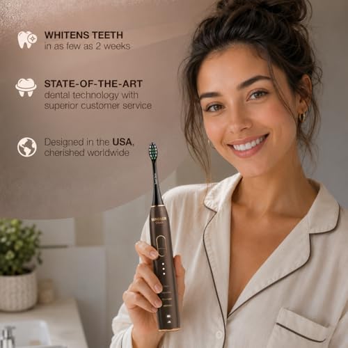 Wagner Stern IntelliBrush Series Whitening Electric Toothbrush with Pressure Sensor. Offers 4 Brushing Modes, 3 intensities, 8 Soft Brush Heads, and a Luxury Travel case. Espresso