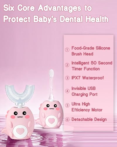 Kids Electric U Shaped Toothbrush for Ages 6-12, Sonic 360º Cleaning Toothbrush with 4 Brush Heads, 3 Modes, 50s Timer, IPX7 Waterproof, Cartoon Dinosaur Design, Gift for Boys & Girls (Pink) Pink