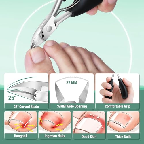 Toenail Clippers for Seniors Thick Toenails, CLPPNA Large Toe Nail Clippers Set for Men with Wide Jaw, Sharp Heavy Duty Ingrown Toenail Clippers Nail Cutter, Long Handle with Slanted Curved Blade 6PCS(Ingrown & Angled & Slanted）
