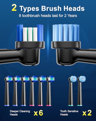 Electric Toothbrush for Adults, 8 Brush Heads (2 Types) & Travel Case, 5 Cleaning Modes Rechargeable Power Toothbrush with 2-Minute Smart Timer, Black