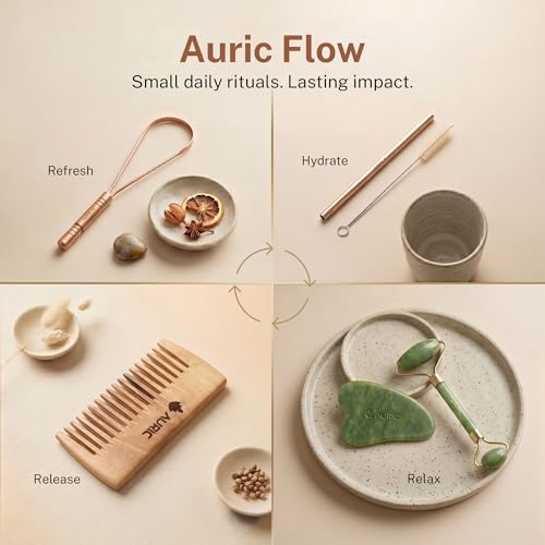 Auric Flow Wellness Kit – Copper Tongue Cleaner, Copper Straw with Cleaner, Neem (Indian Lilac) Wood Comb, Jade Gua Sha & Jade Roller | Daily Ayurvedic Self-Care Ritual Set
