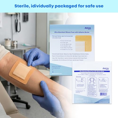 Areza Medical - Silicone Foam with Super-Absorbent Layer - Wound Dressing - Waterproof - with Silicone Adhesive Border - Sterile - 4" x 4" - 20 PCS per Box 4" x 4" - 1 Box of 20 PCS