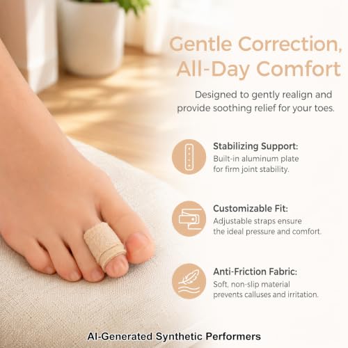 Hammer Toe Straightener, 2 Pcs Hammer Toe Corrector for Women & Men, Adjustable Toe Splints with Aluminum Plate Relief for Curled, Bent & Broken Toe, Discreet Skin-Tone Design