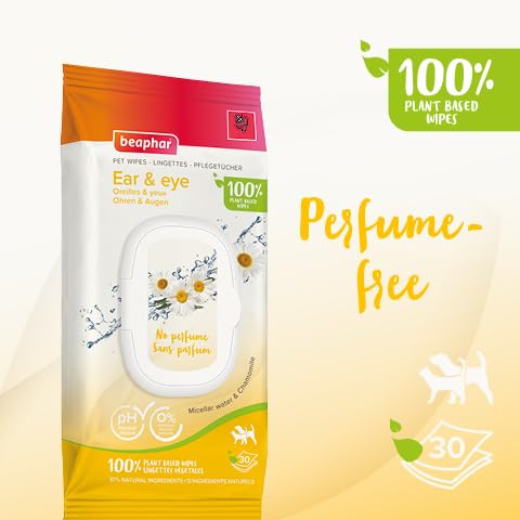Beaphar - Pet Wipes – Ear & Eye Wipes for Cats & Dogs - Gently cleans around delicate eyes & ears – 100% Plant-Based, Biodegradable Wipes – With Chamomile – 30 Wipes – pH neutral - no perfume