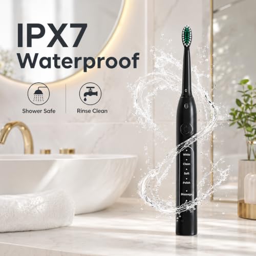 Electric Toothbrush for Adults with 8 Replacement Brush Heads, Travel Bag, 5 Cleaning Modes, IPX7 Waterproof, Rechargeable, Smart Timer, Black Whitening Power Toothbrush Set