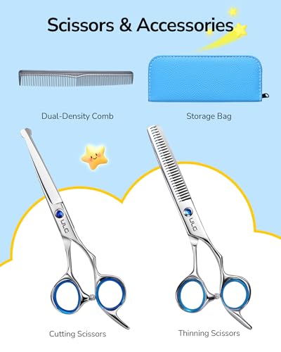 ULG Kids Hair Cutting Scissors, 6.5" Round‑Tip Safety for Toddlers & Adults 4pcs Blue Set