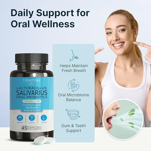 VINATURA Lactobacillus Salivarius Oral Probiotics - Mouth Bad Breath Treatment for Adults, Dental probiotics for Teeth and Gums, Throat, Ear, Nose - 45 Chewable Mint Tablets