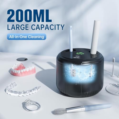 Ultrasonic Retainer Cleaner Machine, 45kHz Dental Cleaning Pod for Dentures, Aligners, Mouth Guards, Retainers, Toothbrush and Jewelry, 200ML Capacity Black