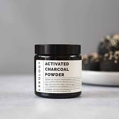 Erbology Activated Charcoal Powder 1.8 oz - Teeth Whitening - Add to Face Masks, Toothpaste and Body Wraps for Natural Exfoliation - Natural Digestive Aid - Vegan - Recyclable Glass Jar 3.2 Ounce (Pack of 1)