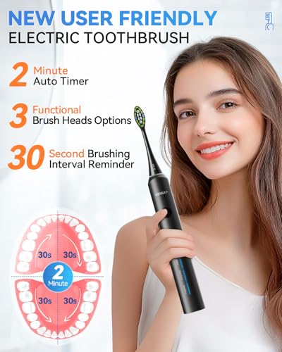 Sonic Electric Toothbrush, Dad Gifts, Gifts for Men, Birthday Gifts for Men, 60-Day Battery Life Rechargeable Power Toothbrush with 5 Modes, 2-Min Smart Timer, 7 Brush Heads & Travel Case (Black) Black