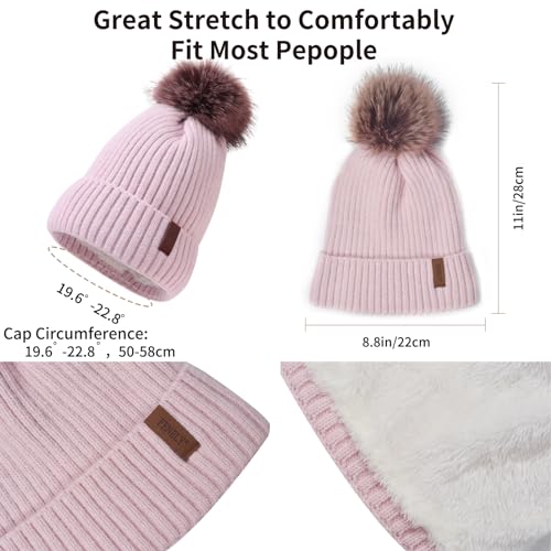 Winter Beanie Hat Scarf Gloves Set for Women, Classic Beanie with Removable Pom Pom Long Scarf Touchscreen Gloves 3 in 1 Set Pink
