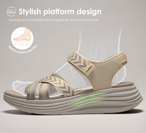 Vilanva Women's Comfortable Orthopedic Platform Walking Sandals with Arch Support Adjustable Buckle Cushioned Midsole for Plantar Fasciitis Relief Casual Sport Summer Outfits 9 Khaki