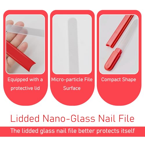 WOKOTO 2 Packs Glass Nail File with Case for Nail Shaping & Polishing, Red & Pinkish Purple Double Sided Transparent Crystal Diamond Fingernail Files Glass Nail Buffer for Natural and Acrylic Nails