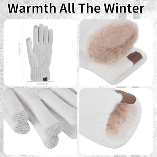 Winter Beanie Hat Scarf Gloves Set for Women, Classic Beanie with Removable Pom Pom Long Scarf Touchscreen Gloves 3 in 1 Set White