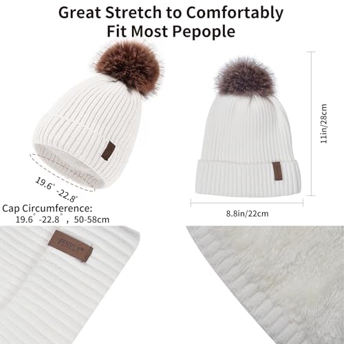 Winter Beanie Hat Scarf Gloves Set for Women, Classic Beanie with Removable Pom Pom Long Scarf Touchscreen Gloves 3 in 1 Set White