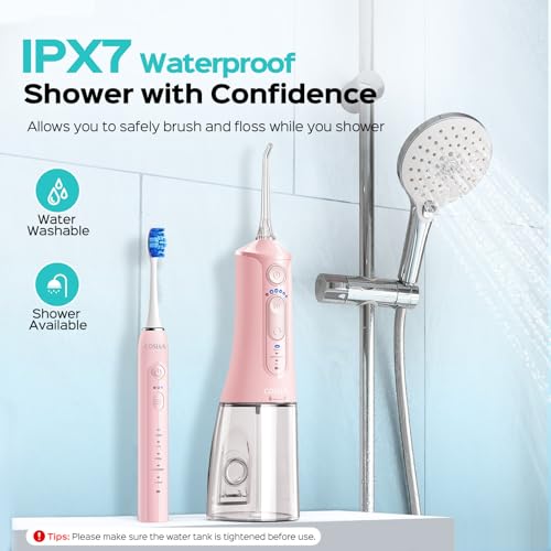COSLUS C51C30 Water Flosser Electric Toothbrush Combo, 2-1 Oral Clean Kit Pink
