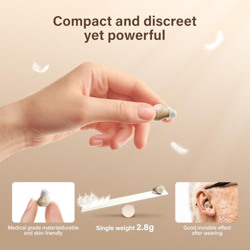 OTC Invisible Hearing Aids for Seniors, Rechargeable Hearing Amplifier for Adults, In-Ear Design with Noise Cancelling & High-Fidelity Sound, 5 Volume Control and Touch Controls for Hearing Loss Beige