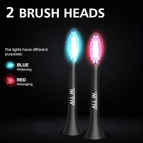 ALL IN Sonic Electric Toothbrush for Adults and Replacement Heads - Complete Toothbrush Kit - Blue + Red LED Light, 4 Modes, Soft Bristles, 2-Minute Timer, Rechargeable, Waterproof, BPA Free