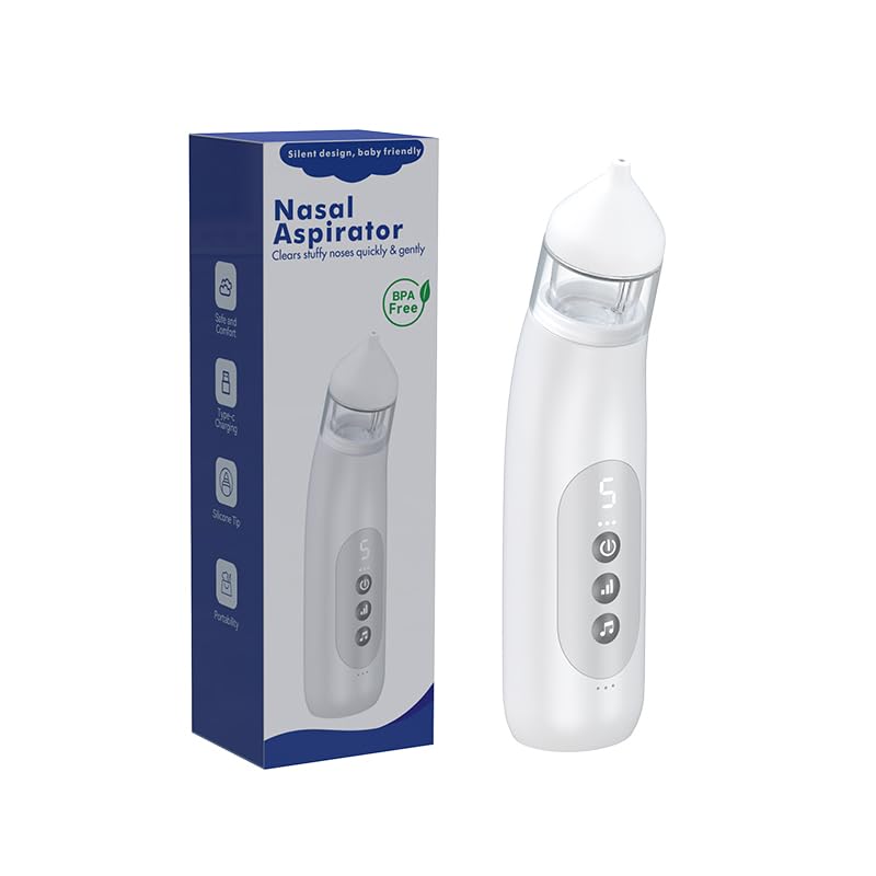Smart Baby Nasal Aspirator, Household Electric Nose Sucker with 5-Level Suction, Soothing Lullabies, 2 Silicone Tips, USB-C Charge, Storage Case | Baby Nose Aspirator Gift (Silver) - BeesActive Australia