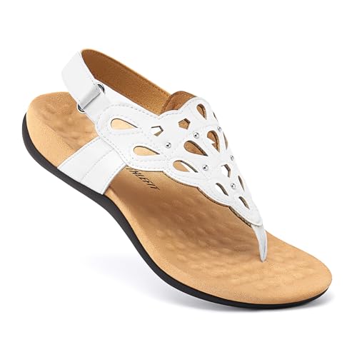 Athlefit Women's Orthopedic Flat Sandals with Arch Support 8 White