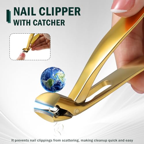 FVION Ergonomic Seniors Toenail Clippers, Curved Head Toe Nail Clippers for Thick Nails with Nail Catcher and Metal Nail File, Precision Nail Care Tool for Easier Trimming (Gold) Gold