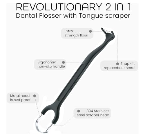 Evident Dental Flosser with Tongue Scraper – 2-in-1 Dental Flosser Kit with 100 Floss Refills – Long Ergonomic Handle for Plaque Removal & Fresh Breath Black 1 Black Handle + 100 Refills