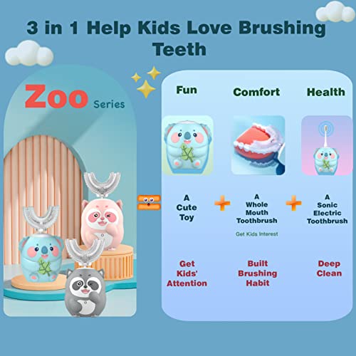 Kids Electric Toothbrush, U Shaped Toothbrush Kids Sonic Automatic Brush with 5 Brush Heads 6 Cleaning Modes IPX7 Waterproof Rechargeable Smart Timer for Children(Ages 2-7, Koala Cyan) Koala (Ages 2-7)