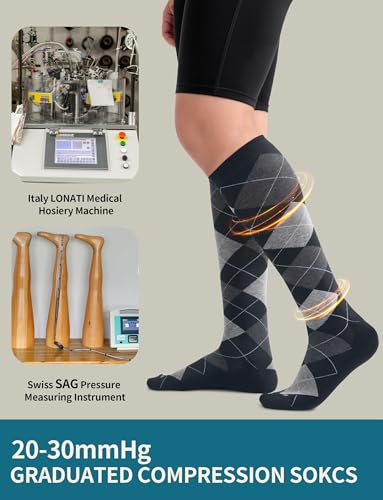 Men's Cotton Compression Socks 20-30 mmHg (3 Pairs) - Knee High Support for Circulation, Travel, Flying, Dress Medium-Large 3 Pairs - Classic Dark