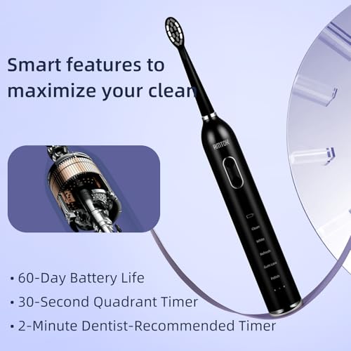CWX Sonic Rechargeable Electric Toothbrush, Cordless with Fast Wireless Charging, 5 Cleaning Modes & 3 Intensity, 60-Day Battery Life, 4 Brush Heads, Travel Case, IPX7 Waterproof White