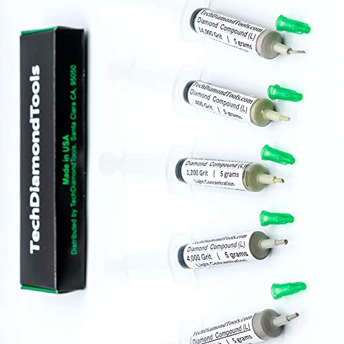 TechDiamondTools Diamond Polishing Paste Kit — 5 Grits (400 to 50000) | USA Made | Oil-Based Syringes | Complete Lapping & Stropping Set for Metal, Glass, Gemstone, Knife, Jewelry | 10% Diamond Powder 50000 14000 4000 1200 400 grit 10% Concentration