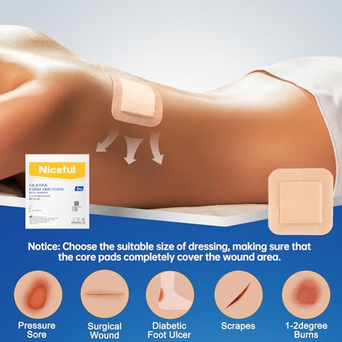 Niceful Silicone Foam Dressing 4"x4", Waterproof Silicone Bandages with Border Adhesive, High Absorbency Bed Sore Bandages Wound Care Dressing (2.5"X2.5" Pad), 5 Packs, FSA HSA Eligible 4x4 Inch (5 Pcs)