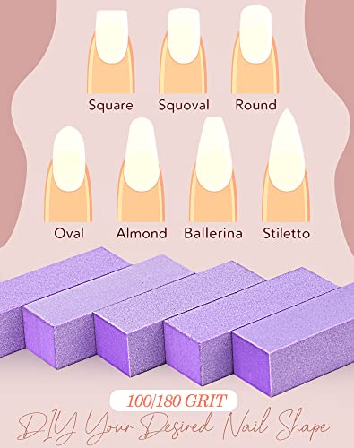Maryton Nail Buffer Block, Medium/Fine Grit 100/180 Finishing Buffers for Acrylic Nails Gel Polish Nails, 3 Way Professional Pedicure Manicure Buffer Kits, 5 Count (Purple) Purple - 5ct - Finishing Buffer