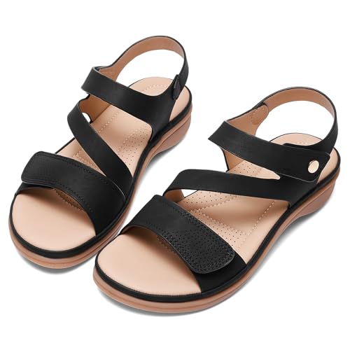 Littleplum Womens Sandals Arch Support – Comfortable Flat Sandals for Women, Summer Breathable Adjustable Orthotic Walking Shoes for Beach,Travel 8 Fashion Black