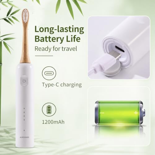 Ultrasonic Oscillating Electric Toothbrush with Bamboo Heads White