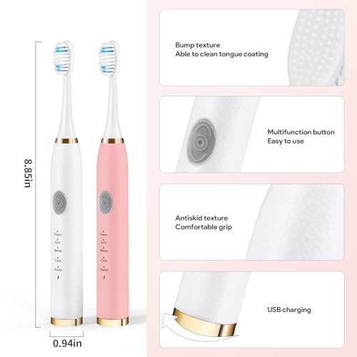 Dnil 2-Pack Rechargeable Sonic Toothbrush for Adults, Long-Lasting Battery Operated, 35,000 VPM Fast Brushing, Includes 10 Brush Heads and 5 Mode Options for Personalized Oral Care (White & Pink)